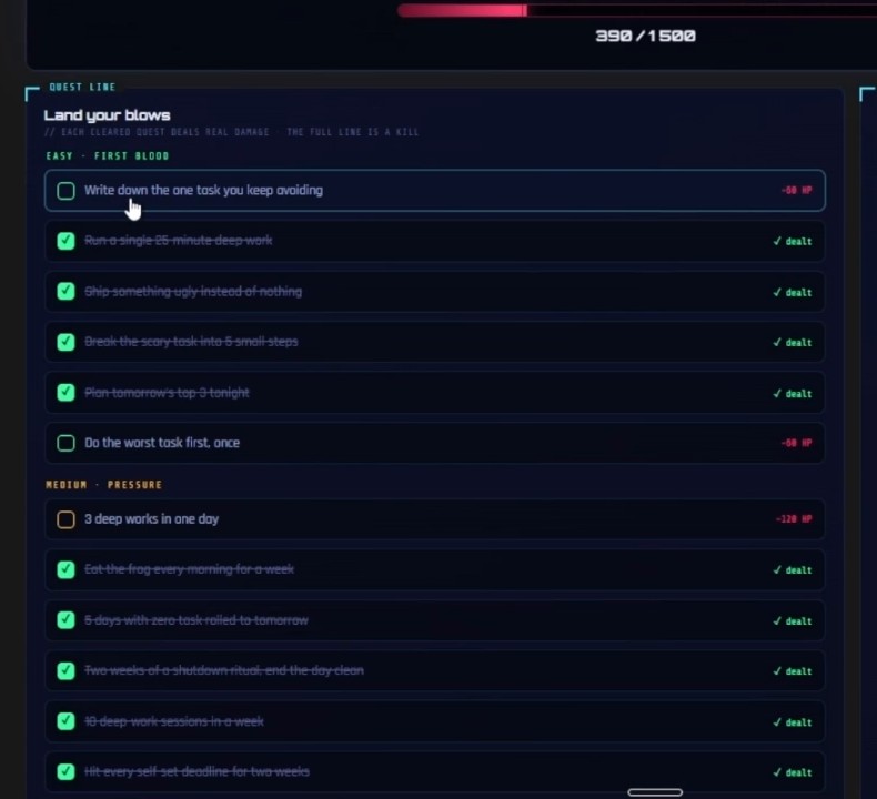 Quest log — three tiers, damage per quest