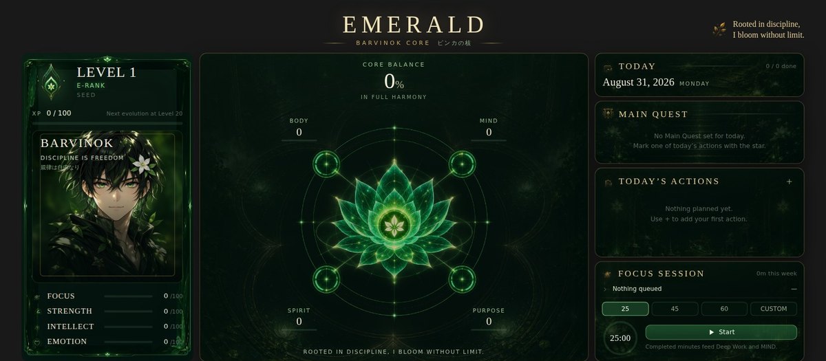 EMERALD — core balance, main quest, focus session and rank