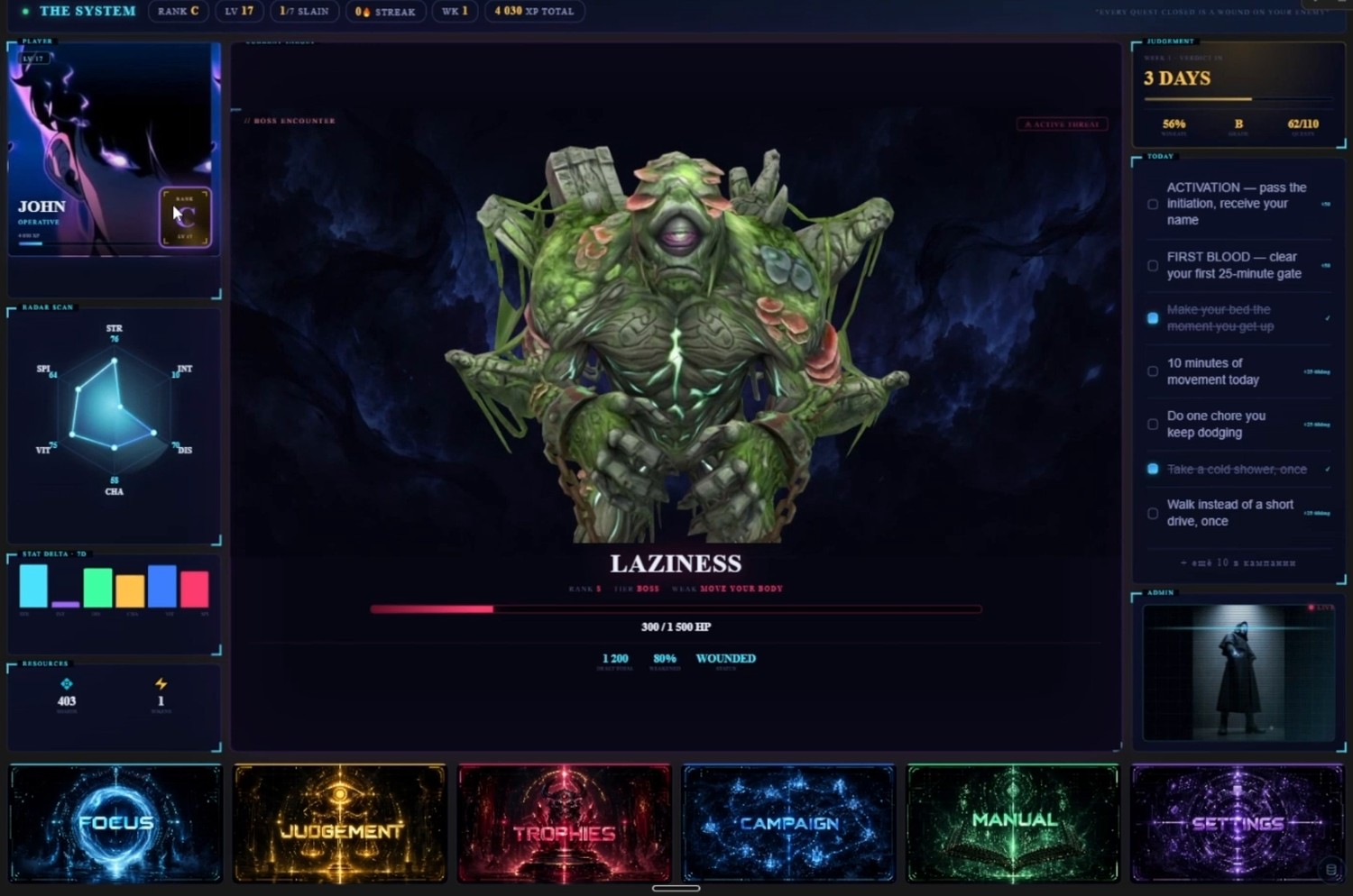 LEVEL UP SYSTEM — main dashboard in Notion