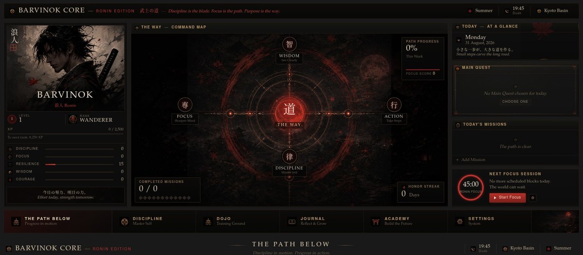 RONIN — command map, missions, focus session and rank